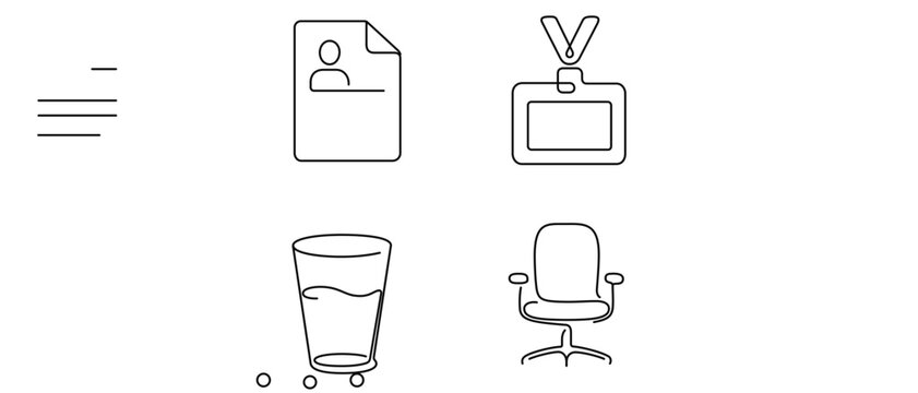 Collection of 4 icons for behavioral job interview showcasing resume paper, visitor badge, water glass, and office chair featuring an editable stroke for customizable line thickness and style.