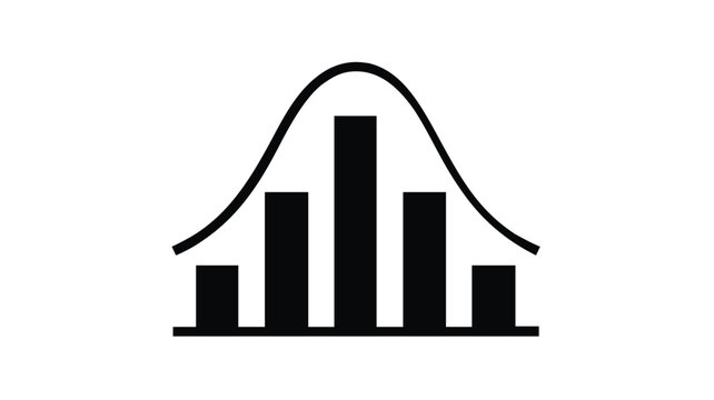 Minimalist vector icon illustration of a normal distribution bell curve over a bar chart histogram, representing actuarial science, statistical data analysis, probability, and business metrics.