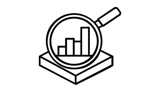 Minimalist black and white vector icon illustration of a magnifying glass inspecting a bar graph on a 3D base, representing actuarial science, data analysis, business statistics, and research.