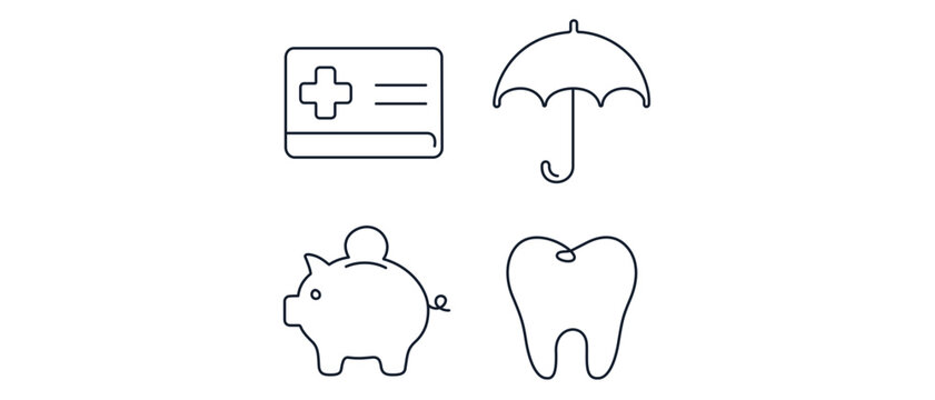 Professional vector icon set illustrating open benefits enrollment with a collection of 4 icons: health insurance card, protective umbrella, piggy bank, and a molar tooth for dental plans.