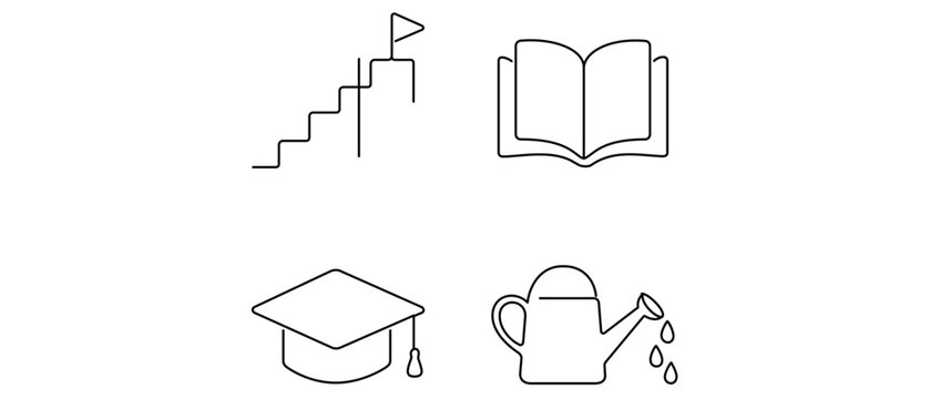 Professional talent development vector icon set with step ladder, open book, mortarboard cap, and watering can icons, a comprehensive collection of 4 icons representing growth and career learning.