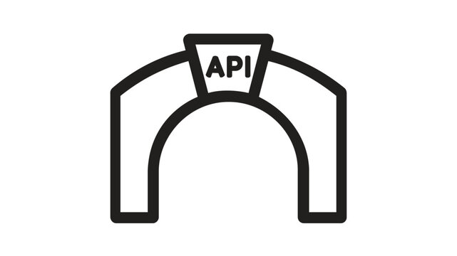 Minimalist black and white vector icon illustration of an API archway gateway, representing application programming interface integration, software development bridge, and backend infrastructure.