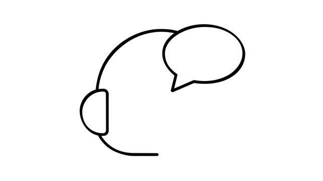 Minimalist vector icon illustration of a customer support headset with a speech bubble, representing call center services, online communication, and technical assistance in a clean line art style.