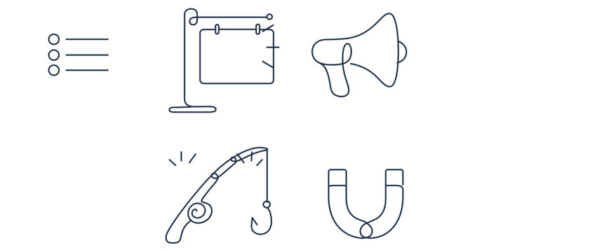 Targeted recruitment marketing vector icon set and collection of 4 icons illustrating job board sign, megaphone, fishing rod, and magnet for talent acquisition and corporate hiring success.
