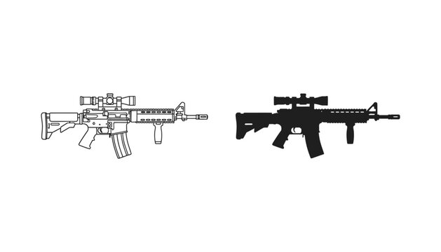 Tactical assault rifle with mounted scope in both detailed outline and solid black silhouette vector design for military or gaming applications isolated on white background