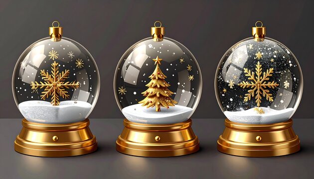 Three ornamental transparent globes with gold bases, baubles, and festive gold designs inside