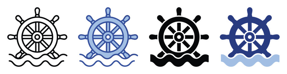 Obraz premium Ship steering wheel on waves symbols representing nautical navigation and maritime adventure.