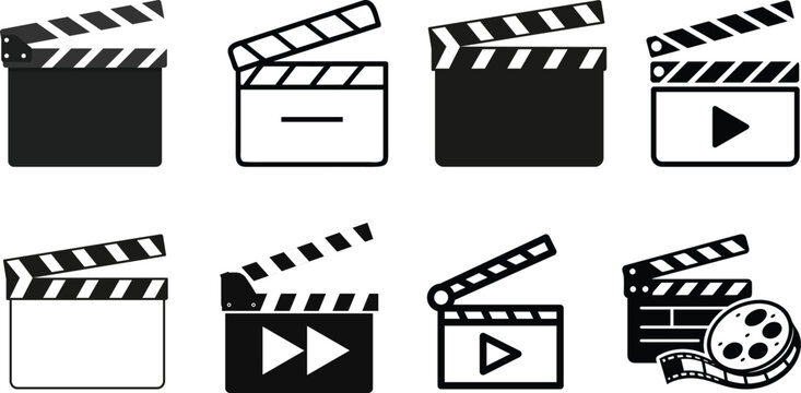 Cartoon regisseur film take board or cinema clapper. Vector film clapboard symbol logo. Movie clapper board. Production, director closed , open clapboard, Clapboard Silhouette, Movie Square Button Set