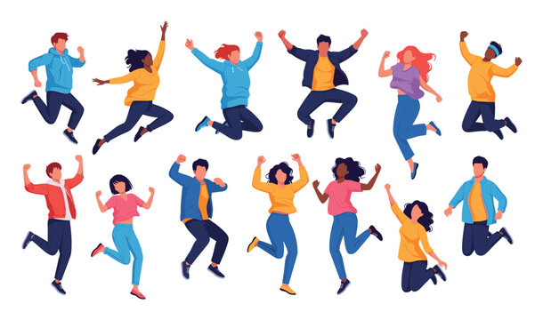 Diverse young adults, including Black individuals, jumping with joy and enthusiasm for youth lifestyle content.