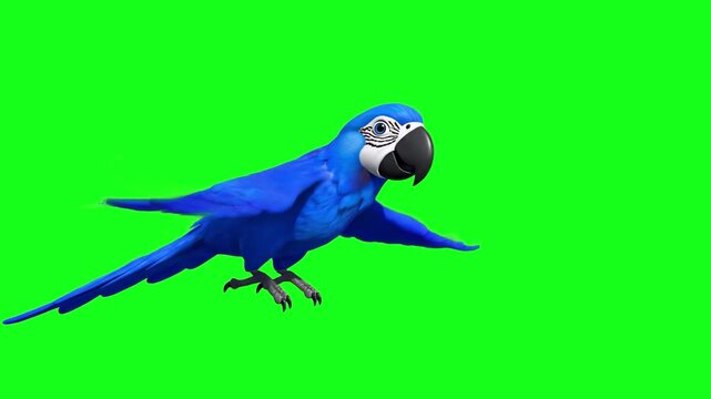 A high-quality 3D animation of a bright blue macaw parrot performing a flight motion. Set against a chroma key green screen, this isolated asset is perfect for creating exotic jungle scenes, wildlife 