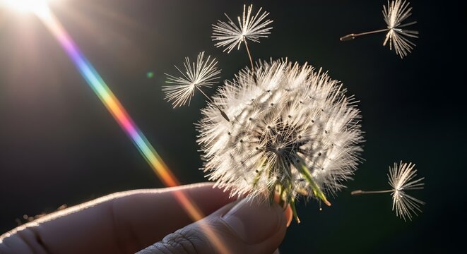 Hand holding a dandelion clock with seeds flying away. Wishes and new beginnings. Person fingers holding a fluffy dandelion head against a dark background with a rainbow lens flare