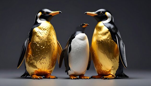 Three penguins, rendered with photorealistic detail, two with gold textures, standing against a dark grey background