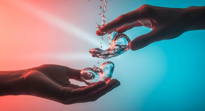 Hands reaching toward each other with water droplets between them. Purity and human connection. Two hands almost touching with liquid splashes in a blue and orange neon light environment