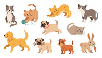 Fototapeta premium Collection of cute playful pets including cats dogs and a rabbit for animalthemed projects