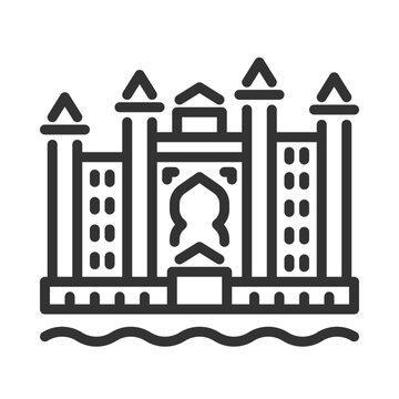 Dubai resort complex linear icon. Skyscrapers luxury tourism. Magnificent royal landmark. Uae hotel seaside. Thin line illustration. Contour symbol. Vector outline drawing. Editable stroke