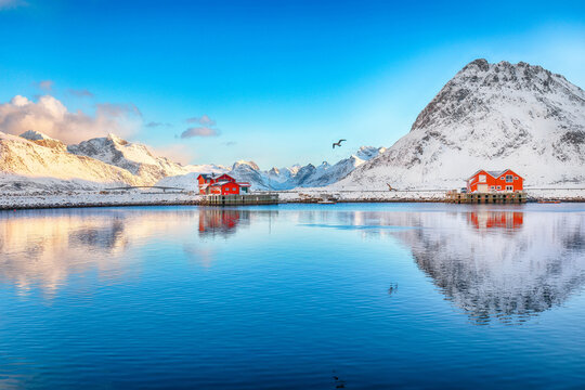 Amazing morning view of small fishing village Ramberg at sunrise.