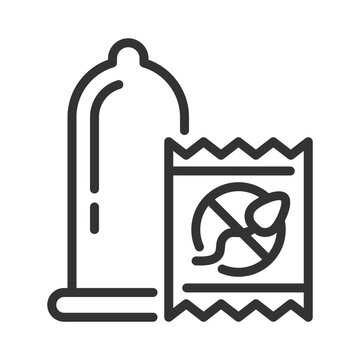 Condom linear icon. Birth control methods. Contraception products, hygiene. Pregnancy prevention. Healthcare medicine. Thin line illustration. Contour symbol. Vector outline drawing. Editable stroke