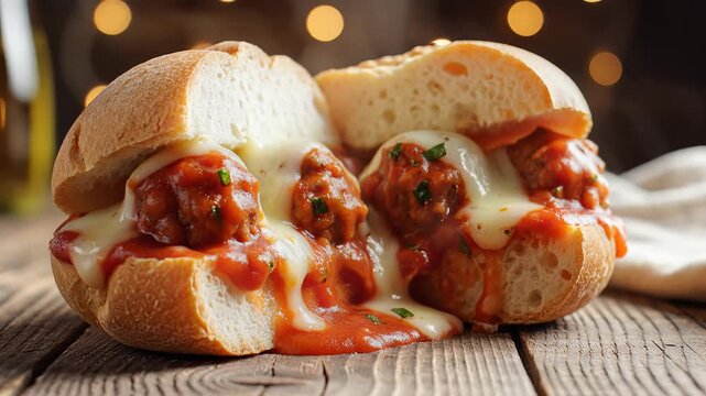 Delicious Meatball Sub Sandwich with Melted Cheese and Tomato Sauce.