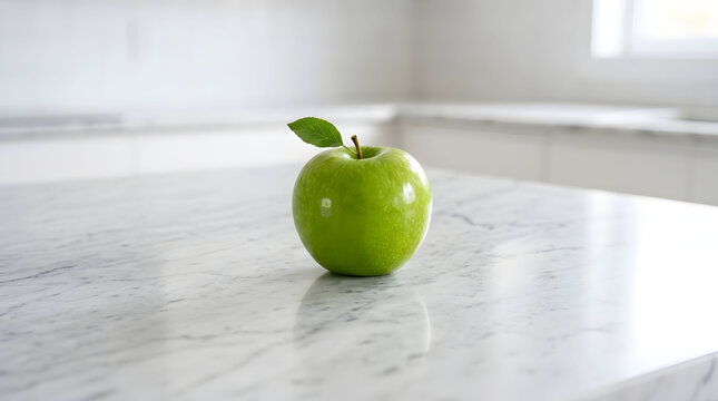 Vibrant green apple with single leaf resting on polished white marble kitchen surface for healthy eating culinary ingredient concept photo setup.