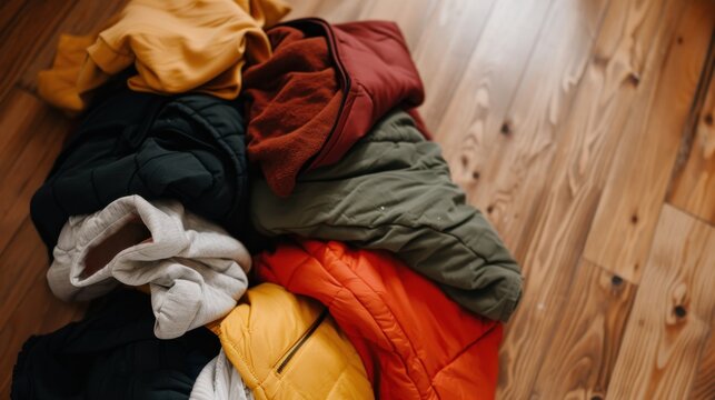 Pile of Colorful Cozy Winter Jackets and Sweaters on a Wooden Floor in a Stylish Indoor Setting