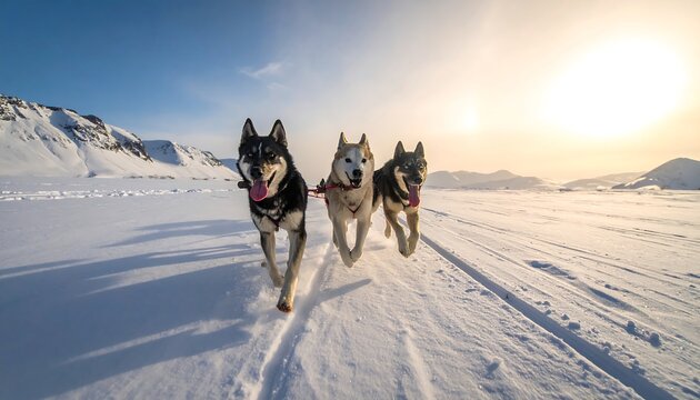 Three sled dogs sprint across a snow-covered landscape under a brilliant sun, showcasing powerful teamwork and movement