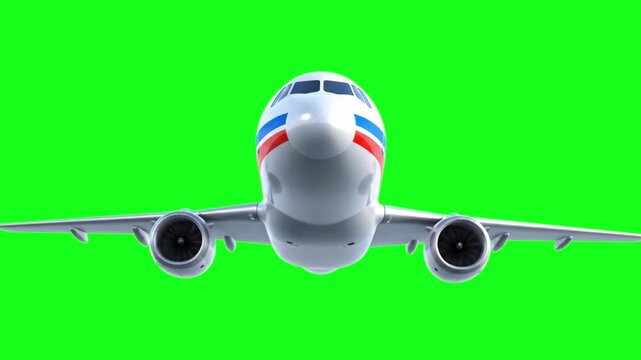A detailed 3D animation of a commercial passenger jet seen from a front perspective, featuring red and blue stripes on the fuselage. Isolated on a chroma key green screen, this is ideal for travel com
