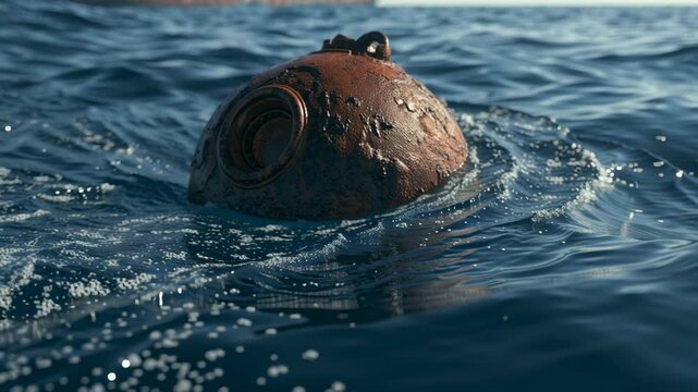 Rusty naval mine floating in ocean water, posing a serious threat to maritime shipping and commercial transportation, with a large cargo tanker ship navigating in the background