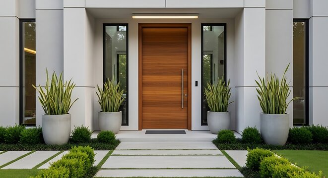 Modern home entrance with wooden door and landscaped pathway