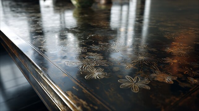 Close up of an ornate black lacquered table with delicate gold floral inlay.
