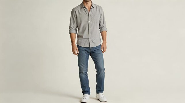 man in casual gray shirt jeans white sneakers standing against neutral studio background