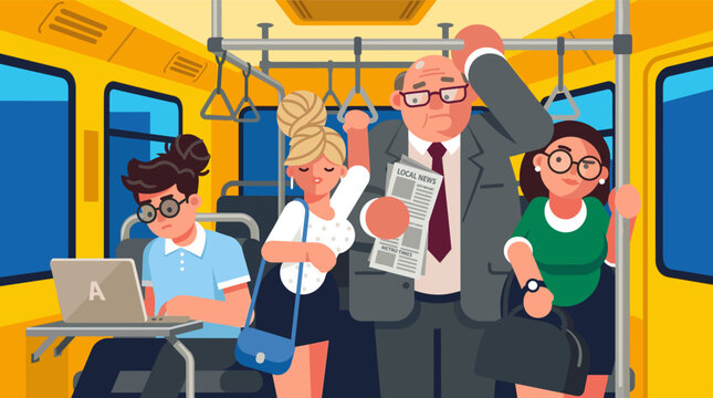 A crowded city bus carries tired and bored passengers including a bald man with a newspaper a seated student with a laptop and two women
