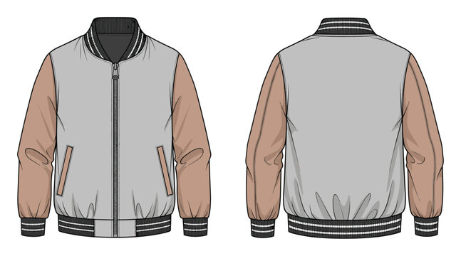 Front and back views of a classic varsity jacket with grey body and brown sleeves for fashion apparel design