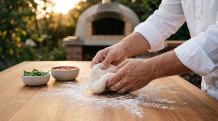 Man preparing pizza dough on a wooden table outdoors.