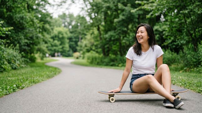 Happy Asian woman sitting on skateboard on park path in summer.