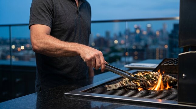 Man grilling fresh fish on outdoor rooftop barbecue at night.