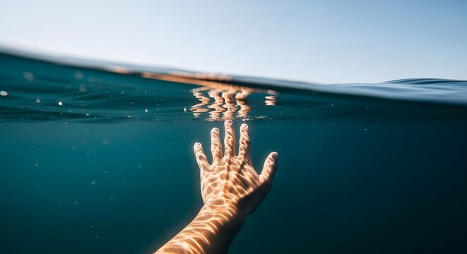 Hand reaching towards the surface from underwater. Drowning rescue or swimming freedom concept. Person touching the calm sea surface from below in clear blue water.