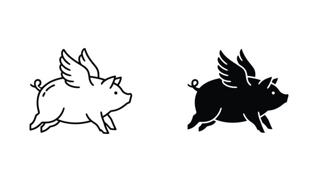 Flying pig with wings icon set in linear and solid black style for creative and fantasy graphic design