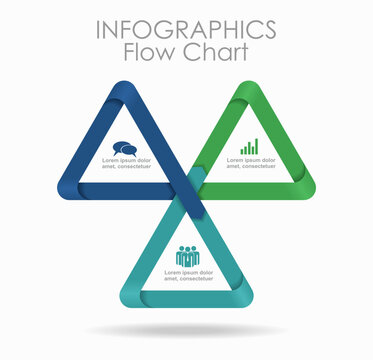 Modern infographic template with three interlocking triangles, business icons for data visualization. Vector illustration.