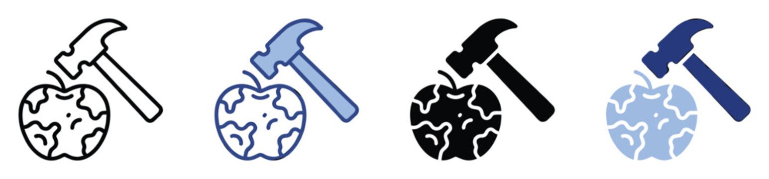 Dynamic hammer impact on stylized world apple icon symbolizing global change, breaking challenges, and environmental solutions for web and print applications