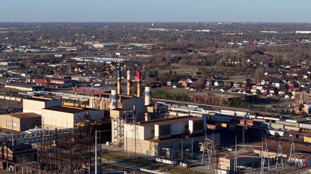 Aerial view of industrial factory and train yard in Detroit