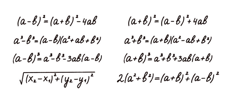 Mathematical algebra formulas hand drawn in black ink. Educational set of square and cube equations and coordinate distance formula for students. hand drawn chalk crayon math formulas set.