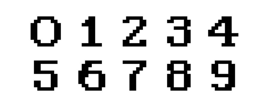 Pixel art number set from zero to nine. Black 8-bit digital font for retro games, coding, and technology designs. Pixelated numbers set, isolated on white background.