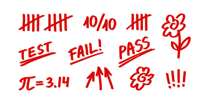 Red marker handwritten words and signs: Test, Fail, Pass words, Pi and tally marks. Chalk exam marks, crayon test marks. School correction and hand drawn grading doodle elements.