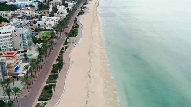 Aerial view of Can Pastilla on the island of Mallorca, Spain. Tourist points, landmarks with beautiful sandy beaches, relaxation and rest in Europe.