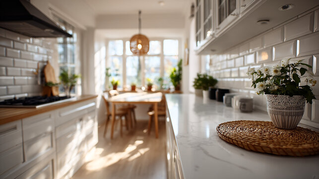 Sunlit kitchen with white cabinets and subway tile backsplash, overlooking a dining area