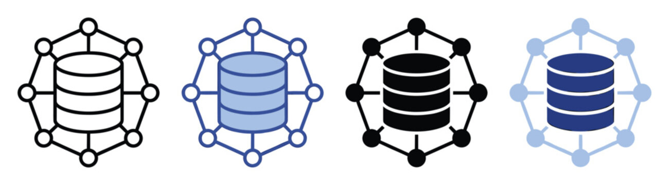 Database icon connected in a network representing distributed data storage and technology solutions