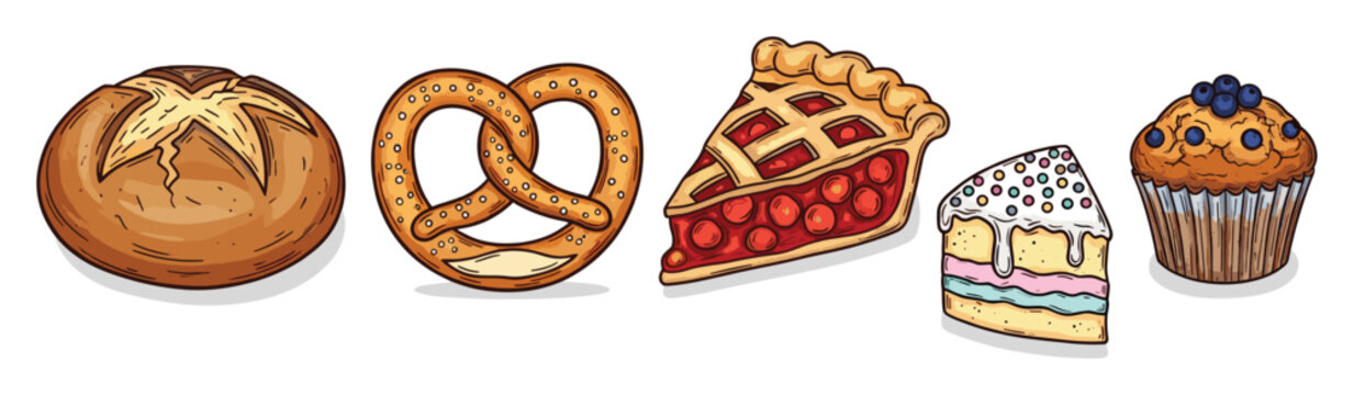 Delicious bakery treats including bread pretzel cherry pie cake and blueberry muffin for menu designs