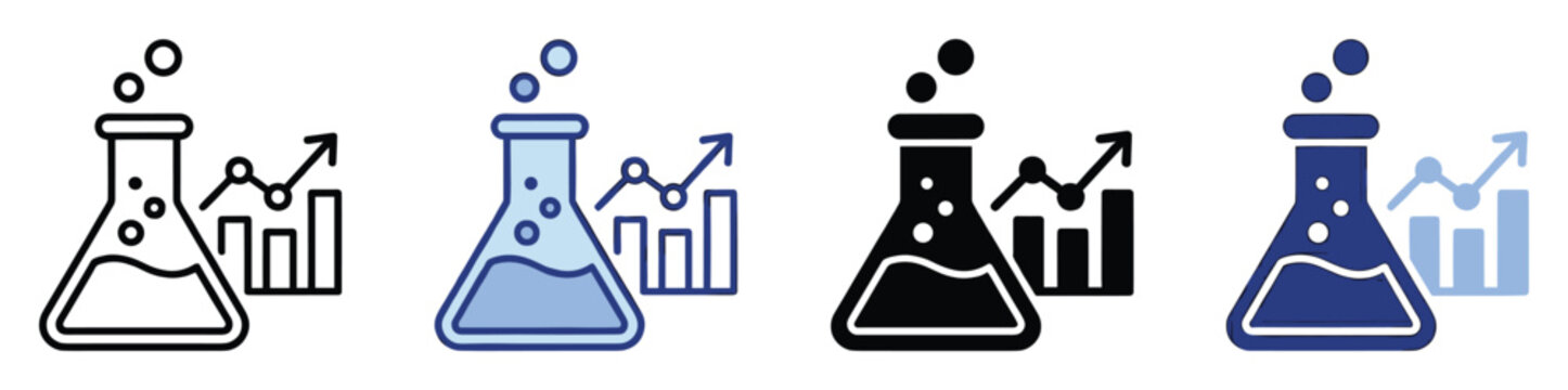 Scientific research and business growth icon set showing lab flask with data charts for analytical applications