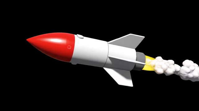 A powerful 3D animated white military missile with a red nose cone flying through space with a bright fire jet flame propulsion trail, isolated on a solid black background. Ideal for defense military 