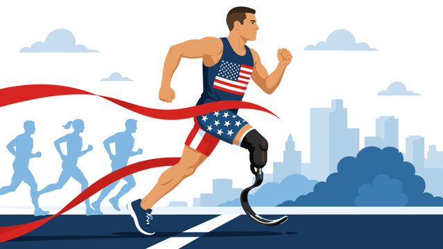 Disabled man running with prosthetic leg in red, white, and blue attire  